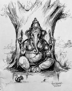 a drawing of an elephant sitting in front of a tree with its trunk raised up