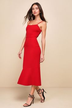 Everyone loves a look that'll make them stunning in an instant, and that's why you'll love the Lulus Divine Perfection Red Strappy Sleeveless Trumpet Midi Dress! Stretchy crepe knit shapes this sultry dress that features a sleeveless darted bodice, a straight neckline, and adjustable spaghetti straps. The fitted waist tops a figure-flaunting bodycon skirt that cascades down to a tiered, trumpet midi hem. Strappy detailing crisscrosses atop the open back for an extra eye-catching finish. Hidden b Flirty Sleeveless Midi Dress For Cocktails, Red Sleeveless Dress For Night Out In Spring, Red Spaghetti Strap Sleeveless Dress For Night Out, Red Sleeveless Dress With Spaghetti Straps For Night Out, Red Sleeveless Midi Dress For Brunch, Chic Red Sleeveless Dress For Date Night, Red Spaghetti Strap Midi Dress For Brunch, Red Midi Dress With Spaghetti Straps For Brunch, Red Midi Length Sleeveless Dress For Night Out