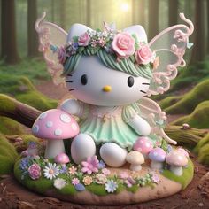 a hello kitty figurine sitting on top of a mushroom in the forest with flowers