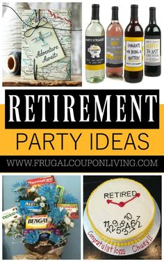 the words retirement party ideas are shown in black and yellow, with pictures of wine bottles