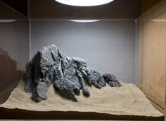 a rock in a glass case with sand on the bottom and light above it that is dim