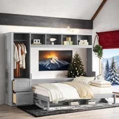 a bedroom with a bed, dresser and christmas tree