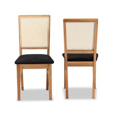 two wooden chairs with black cushions against a white background, one is made of wood and the other is made of woven fabric