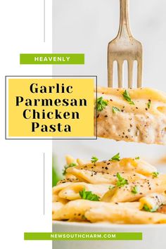 garlic parmesan chicken pasta on a white plate with a fork and text overlay