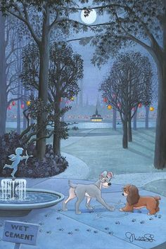 Lady and the Tramp make paw prints in the wet cement sidewalk Disney Viejo, Lindo Disney, Foto Disney, Image Princesse Disney, Disney Fine Art, 그림 낙서, 디즈니 캐릭터, Prințese Disney, Images Disney