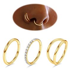 three different types of gold nose rings with diamonds on each side and an image of the same