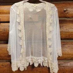 Issi Sz Lg Cardigan/Cover Up. Beautiful White Sheer & Lace. Wear Open Or Close With Hook In Front. Nwot White Open Knit Lace Top, White Open Knit Lace Top For Spring, White Lace Top With Open Knit Detail, White Spring Cardigan With Crochet Trim, White Cardigan With Crochet Trim For Spring, White Crochet Trim Cardigan For Spring, Casual White Cardigan With Crochet Trim, White Cardigan With Crochet Trim, White Crochet Trim Cardigan