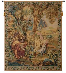 a tapestry with an image of people in the woods and trees, on a white background