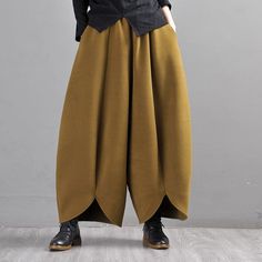 New Spring Wide Leg Wool Pants | mustard green Wide Leg wool Lounge Pants | gifts for mom Super Wide Pants, Gaucho Pants Outfit, Wide Leg Wool Pants, Shop Street, Commuter Style, Mustard Green, Fashion Reference, Pants Gift, Balloon Pants