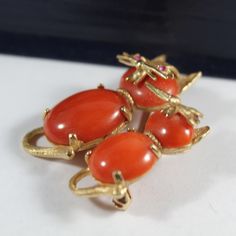 -Vintage 14k Gold Japanese Natural Red Coral Pin Brooch -Total size: 1.25 in x 1 in -Big cat coral sizes: 15 mm x 12 mm & 12 mm x 8.65 mm -Small cat coral sizes: 12.2 mm x 10 mm & 9.7 mm x 8 mm -Total weight: 8.7 g -Marked 14k Elegant Orange Brooch Jewelry, Orange Brooch Jewelry For Formal Occasions, Formal Orange Brooch Jewelry, Elegant Orange Brooches For Gifts, Elegant Red Brooches Collectible, Small Cat, Big Cat, New City, Red Coral