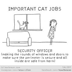 a cartoon drawing of a woman looking at a cat through a window, with the caption'security officer making the rounds of windows and doors to make sure the printer is secure