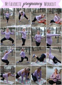 a collage of photos showing how to do a pregnant yoga pose in the woods