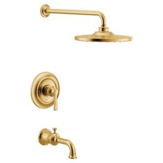 the shower faucet is shown in gold