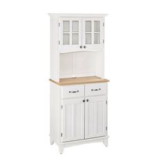 a white hutch with wooden top and drawers on the front, against a white background