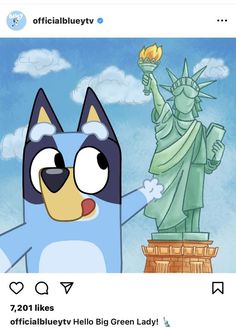 an image of a cartoon character with the statue of liberty in the background and caption that reads, officialblue tv