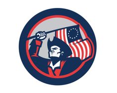 the us national pats pullit logo with an american flag and a man holding a hammer