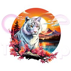 a white tiger sitting on top of a tree branch in front of a mountain range