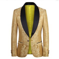 How to be the brightest on center stage? Try this sequin Tuxedo, where the gradient of the gorgeous fabric appears in a glamorous atmosphere when the light hit Button Shawl, Wedding Dress Outfit, Yellow Coat, Gold Jacket, Mens Blazer Jacket, Top Wedding Dresses, Tuxedo For Men, Tuxedo Jacket, Classic Blazer