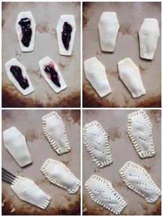 four pictures showing how to make homemade hand pies with blueberry filling on them