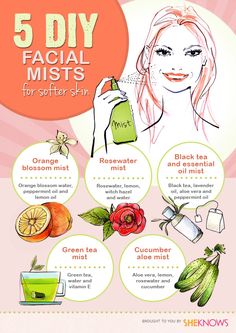 5 DIY facial mists Diy Facial, Makijaż Smokey Eye, Diy Skincare, Natural Diy, Diy Body, Skin Care Recipes, Beauty Recipe