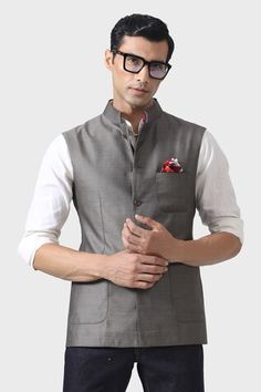 Grey waistcoat with three patch pockets crafted from 100% wool fabric. - Aza Fashions Traditional Fitted Nehru Jacket With Pockets, Raghavendra Rathore, Grey Waistcoat, Pocket Craft, Grey Plain, Wool Waistcoat, Waistcoat Men, Nehru Jacket, Nehru Jackets