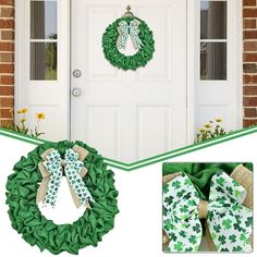 the wreath is decorated with shamrocks and bows