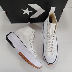 Brand: Converse Style: Run Star Hike Hi Platform Sneakers Color: White/Black/Gum Condition: New In Box, Box Has Some Damage. See Pictures For Details. Size: Women's 10.5 / Men's 9.0 -Chunky Platform -Jagged Two Tone Sole -Canvas Upper -Lace Up The -High Top Sneakers Converse Mid-top Platform Sneakers With Gum Sole, Converse Skate Shoes With Gum Sole And Round Toe, White Ankle-high Canvas Sneakers, White High Top Converse, Canvas Sneakers Womens, Garcons Converse, Custom Chuck Taylors, White Platform Sneakers, Black High Top Converse