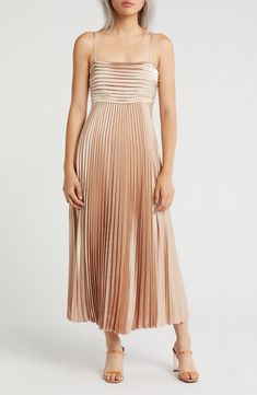 Make an elegant appearance in this gracefully pleated midi dress fashioned with an Empire waist and A-line silhouette. 49" length Hidden back-zip closure Square neck Partially lined 100% polyester Dry clean Imported Daytime Dresses, Satin Midi Dress, Pleated Midi Dress, Sweaters And Leggings, Comfortable Sandals, Comfortable Dress, Jeans Dress, Empire Waist, Square Neck