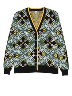 military green/multicolour wool blend knitted construction all-over logo print geometric-pattern print V-neck front button fastening long sleeves ribbed hem Kids Cardigans, Emilio Pucci, Colourful Outfits, Lightweight Knit, Military Green, Jeans Dress, Swimwear Tops, Karl Lagerfeld, Logo Print