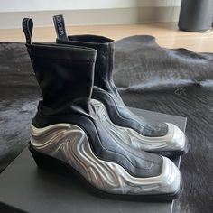 Versace Solar Boots. Original Price $1200, Selling For $615 , Worn Once Luxury Silver Leather Boots, Designer Silver Boots For Formal Occasions, Silver Calf Leather Boots With Round Toe, Luxury Silver Boots For Formal Occasions, Versace Shoes, Tokyo Street Style, Retro Futuristic, Future Fashion, Crazy Shoes