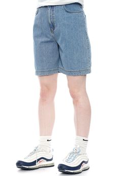 Denim shorts with embossed fastenings. Two tiny marks on front of shorts. Size (Approx. in: inches: Waist 28, Inside Leg 7 ) Denim Knee-length Shorts With Belt Loops, Casual Denim Jean Shorts With Short Inseam, Casual Denim Bermuda Shorts With Belt Loops, Relaxed Fit Denim Shorts With Short Inseam, Denim Shorts With Relaxed Fit And Short Inseam, Relaxed Fit Denim Shorts, Short En Jean, Jeans Shorts, Cargo Shorts