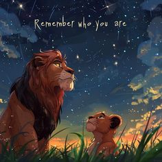 the lion and cub are looking up at the night sky