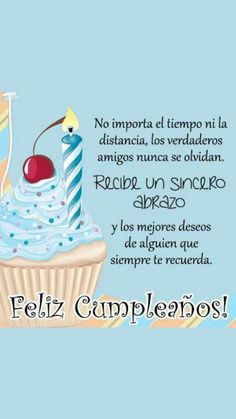 a birthday card with a cupcake and a cherry on top, in spanish language