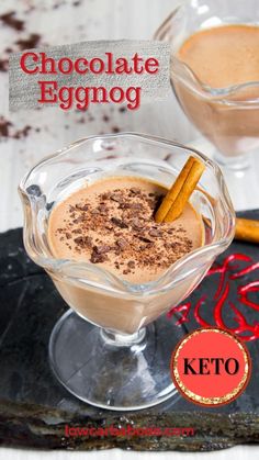 chocolate eggnog in a glass bowl with cinnamon sticks