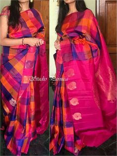 Katpadar Saree, Normal Saree, Checked Saree, Saree Colors, Gorgeous Saree, Checks Saree, Pattu Saree Blouse Designs, Saree Blouse Neck Designs, Wedding Saree Blouse Designs