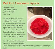 red hot cinnamon apples in a white bowl on a counter top with instructions for how to make them