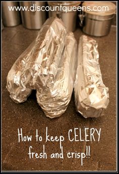 three wrapped sandwiches sitting on top of a counter next to pots and pans with the words how to keep celery fresh and crisp