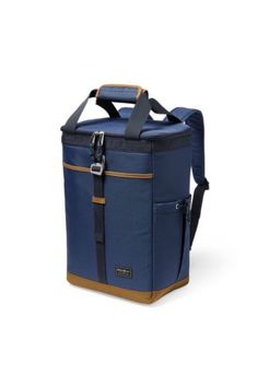 a blue and brown cooler bag with straps on it's sides, sitting against a white background