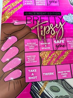 an advertisement for the girls'night edition pretty tipsy sale is shown in pink and gold