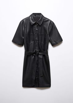 Faux-leather shirt dress - Women | Mango USA Trendy Shirt Dress With Pockets For Work, Belted Short Sleeve Shirt Dress For Fall, Fall Short Sleeve Belted Shirt Dress, Trendy Short Sleeve Shirt Dress For Work, Leather Shirt Dress, Mango Dresses, Leather Shirt, Boyfriend Shirt, Mini Shirt Dress