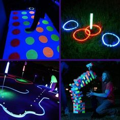 four different pictures show people playing with glow sticks and glowing rings in the dark, while one person is on a skateboard