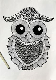 an owl with a hat on it's head is drawn in black and white