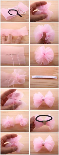 step by step instructions on how to make a bow with tulle and satin ribbon