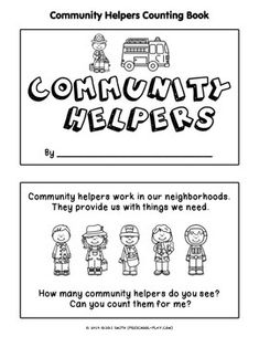 the community helpers book is shown in black and white, with text that reads community help