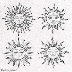 four sun faces drawn in black and white