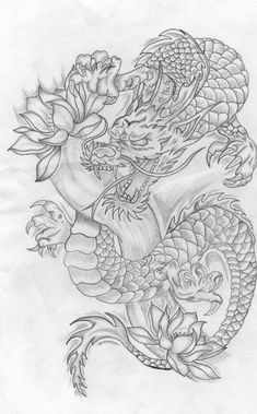 a drawing of a dragon with flowers on it