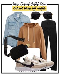 Nike And Leggings Outfit, Mom Outfits School Drop Off, Aerie Outfits Fall, School Drop Off Outfit Mom, Denim Shacket Outfit, School Drop Off Outfit, Winter Athleisure Outfits, Outfit Tenis, Hoody Outfits