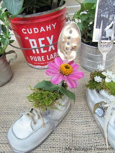 two pairs of shoes with flowers in them on a table next to potted plants