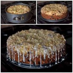 three pictures of a cake with icing on it