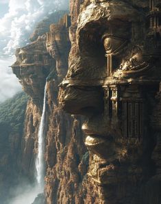 an artistic view of a cliff with a waterfall coming out of it